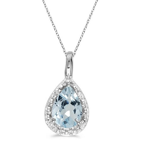 Aquamarine Pendant Necklace - 14k White Gold - 0.60 Ct Diamond Accents